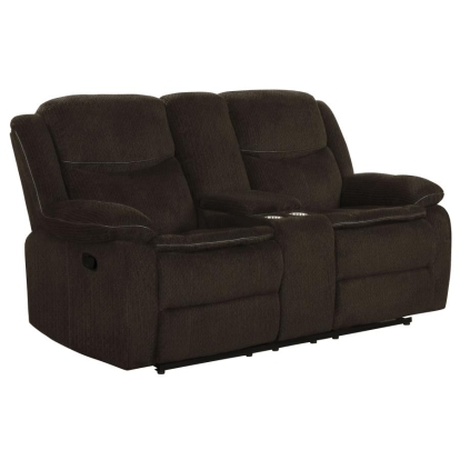 Coaster Jennings Upholstered Motion Loveseat with Console Brown Model 610252
