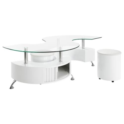 Coaster Buckley Curved Glass Top Coffee Table With Stools White High Gloss