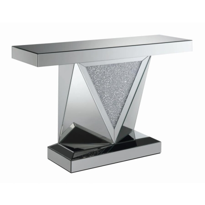 Coaster Gunilla Rectangular Sofa Table with Triangle Detailing Silver and Clear Mirror Model 722509