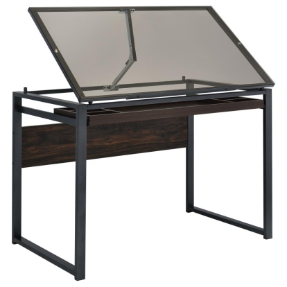 Coaster Pantano Glass Top Drafting Desk Dark Gunmetal and Chestnut Model 805571