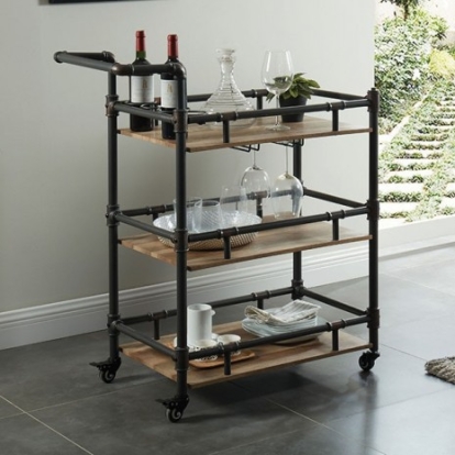 Furniture Of America Aylmer Industrial Metal, Others Antique Black/Oak Serving Cart | CM-AC246