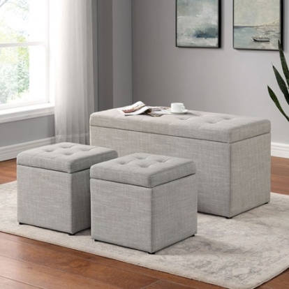 Furniture of America Daryn Transitional Linen-Like Solid with Wood Beige Storage Bench with Ottoman Model CM-AC394-STORAGE OTTOMAN