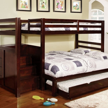 Furniture of America Pine Ridge Transitional Solid with Wood Veneer Dark Walnut Bunk Bed Model CM-BK966-Twin-Full Bunk Bed