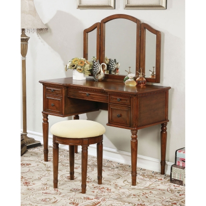 Natalia Brown Cherry Vanity with Stool Model CM-DK5232 by Furniture of America