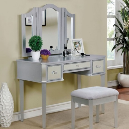 Furniture of America Clarisse Contemporary Mirror Solid with Wood Veneer Silver Vanity with Stool Model CM-DK6148SV-MIRROR