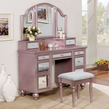 Furniture Of America Tracy Transitional Mirror, Solid Wood, Wood Veneer, Others Rose Gold Vanity W/ Stool | CM-DK6162RG