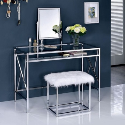 Furniture of America Lismore Contemporary Glass Metal Chrome Vanity with Stool Model CM-DK6707CRM
