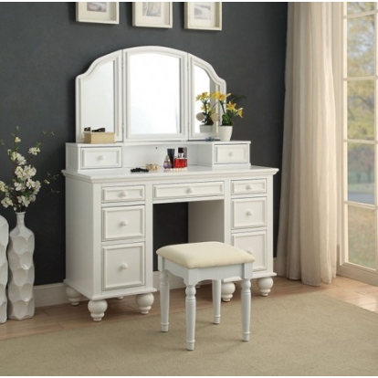 Furniture Of America Athy Transitional Mirror, Solid Wood, Wood Veneer, Others White Vanity W/ Stool | CM-DK6848WH