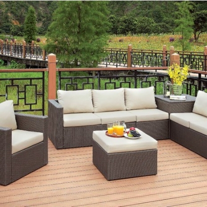 Furniture of America Davina Contemporary Aluminum Faux Rattan Polyester Canvas Brown-Beige Patio Sectional with Ottoman & Storage Model CM-OS1818-SET