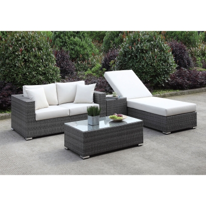 Somani Light Gray Wicker/Ivory Cushion Loveseat with Adj Chaise with End Table with Coffee Table Model CM-OS2128-SET23 by Furniture of America