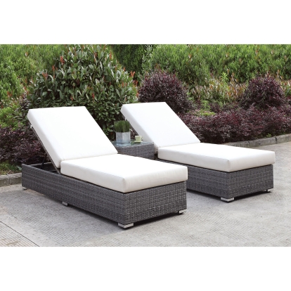 Somani Light Gray Wicker/Ivory Cushion 2 Adj Chaise with End Table Model CM-OS2128-SET24 by Furniture of America