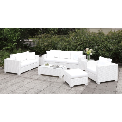 Somani White Wicker/White Cushion L-Sectional with Large Ottoman with End Table with Chair with Ottoman Model CM-OS2128WH-SET18 by Furniture of America