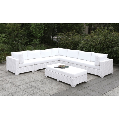 Somani White Wicker/White Cushion U-Sectional with Coffee Table with End Table Model CM-OS2128WH-SET2 by Furniture of America