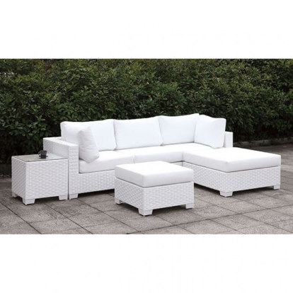 Somani White Wicker/White Cushion L-Sectional with End Table with Ottoman Model CM-OS2128WH-SET14 by Furniture of America