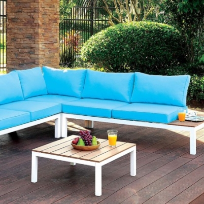 Furniture of America Winona Contemporary Aluminum Polyester Canvas White-Oak-Blue Patio Sectional with Ottoman Model CM-OS2580-PK