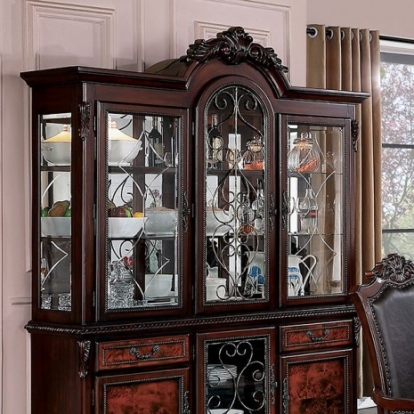 Furniture of America Picardy Traditional Glass Steel Solid with Wood Veneer Brown Cherry Hutch & Buffet Model CM3147HB-SET