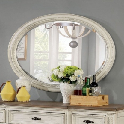 Furniture of America Arcadia Rustic Solid with Wood Veneer Antique White Oval Mirror Model CM3150WH-MO
