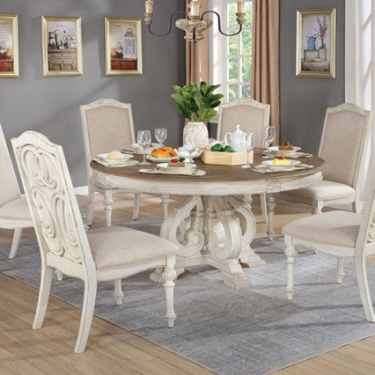 Furniture of America Arcadia Rustic Fabric Solid with Wood Veneer Antique White-Ivory Round Table Model CM3150WH-RT
