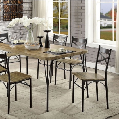 Furniture of America Banbury Industrial Metal Solid with Wood Dark Bronze-Natural 7 Pc. Dining Table Set Model CM3279T-60-7PK