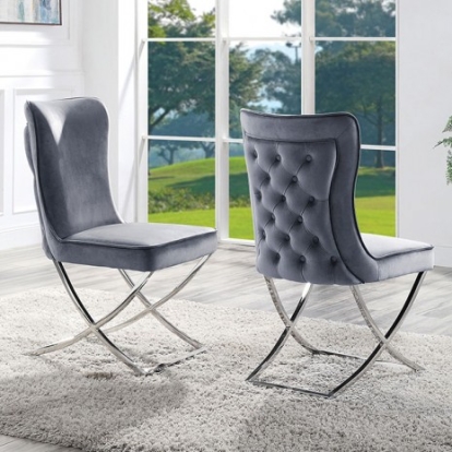 Furniture Of America Wadenswil Glam Stainless Steel, Velvet Chrome/Gray Side Chair (2/Box) | CM3285SC-N-2PK