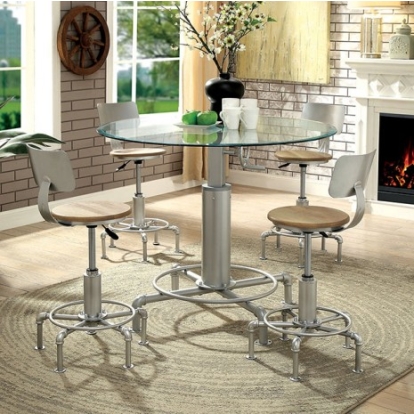 Furniture of America Helene Industrial Metal Tempered Glass Silver Powder Coating-Oak Dining Table Model CM3378RT-TABLE