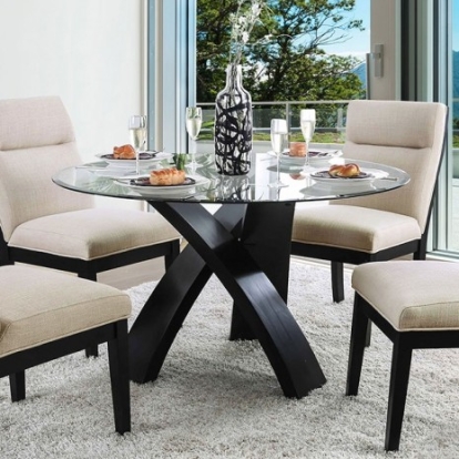 Furniture of America Jasmin Contemporary Fabric Glass Solid with Wood Black-Beige Dining Table Model CM3393RT-TABLE