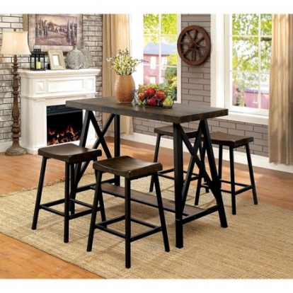 Furniture Of America Lainey Industrial Solid Wood, Wood Veneer, Others Weathered Medium Oak/Black Counter Ht. Table | CM3415PT