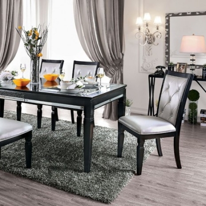 Furniture of America Alena Transitional Crocodile Leatherette Glass Mirror Solid with Wood Veneer Black-Silver Dining Table Model CM3452BK-T