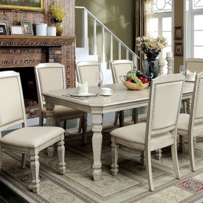 Furniture of America Holcroft Transitional Fabric Solid with Wood Veneer Antique White-Ivory Dining Table Model CM3600T