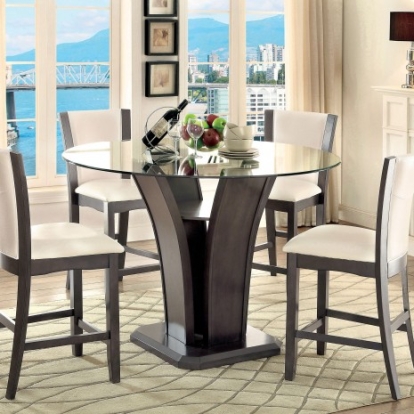 Furniture Of America Manhattan Contemporary Leatherette, Tempered Glass, Solid Wood, Wood Veneer, Others Gray Round Counter Ht. Table | CM3710GY-PT-TABLE