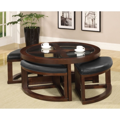 Crystal Cove Dark Walnut Round Coffee Table with 4 Stools Model CM4321C by Furniture of America