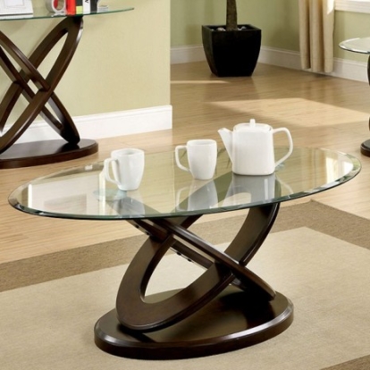 Furniture Of America Atwood Contemporary Tempered Glass, Solid Wood, Wood Veneer, Others Dark Walnut Oval Coffee Table | CM4401C