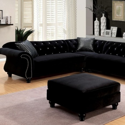 Furniture Of America Jolanda Glam Flannelette, Solid Wood, Others Black Sectional | CM6158BK-SET