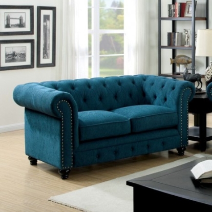Furniture of America Stanford Transitional Linen-Like with Wood Dark Teal Love Seat Model CM6269TL-LV-VN