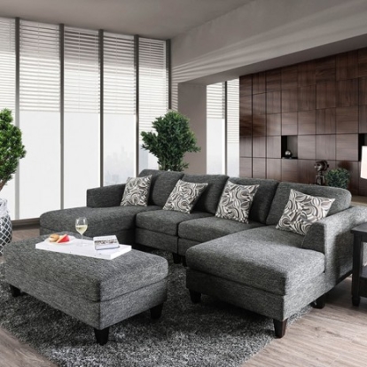 Furniture of America Lowry Transitional Chenille Solid with Wood Gray Sectional with Ottoman Model CM6363-SET