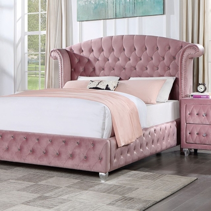 Furniture of America Zohar Glam Velvet-Like Solid with Wood Pink Bed Model CM7130PK-Queen Bed