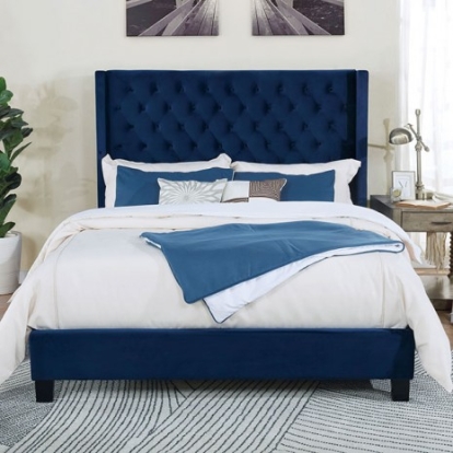 Furniture of America Ryleigh Transitional Velvet-Like Solid with Wood Navy Bed Model FM7141NV-Queen Bed
