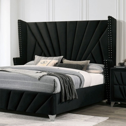 Furniture of America Carissa Transitional Fabric Solid with Wood Veneer Black Bed Model CM7164BK-Queen Bed