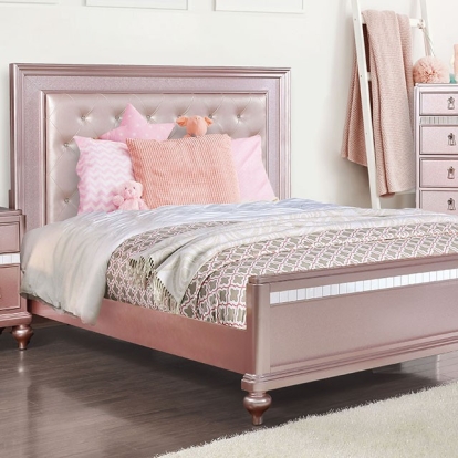 Furniture of America Avior Contemporary Leatherette Mirror Solid with Wood Veneer Rose Gold Bed Model CM7170RG-Queen Bed