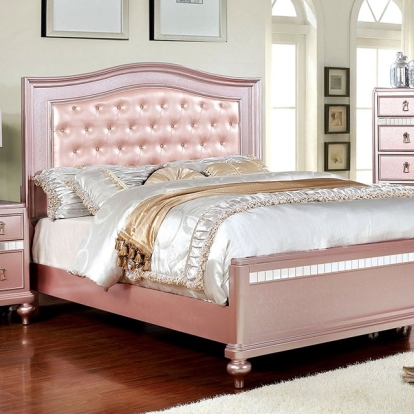 Furniture Of America Ariston Contemporary Leatherette, Mirror, Solid Wood, Wood Veneer, Others Rose Gold Bed | CM7171RG