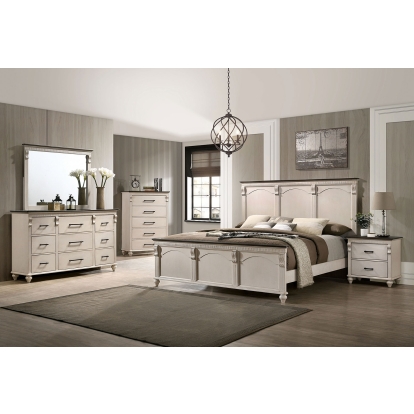 Agathon Antique White/Walnut Queen Bed with 1NS with Dresser with Mirror Model CM7182Q-4PC by Furniture of America