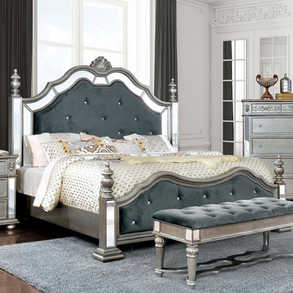 Furniture of America Azha Glam Fabric Mirror Solid with Wood Veneer Silver-Gray Bed Model CM7194