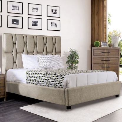 Furniture of America Deirdre Contemporary Fabric Solid with Wood Veneer Beige Bed Model CM7203-EK-BED