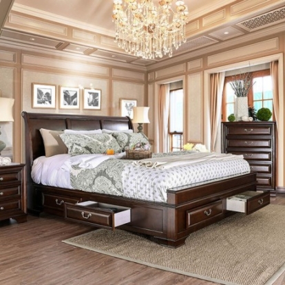 Furniture of America Brandt Transitional Solid with Wood Veneer Brown Cherry Bed Model CM7302CH