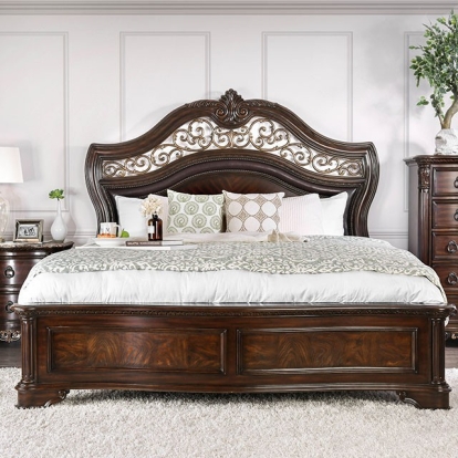 Furniture of America Menodora Transitional Leatherette Solid with Wood Veneer Brown Cherry Bed Model CM7311-Queen Bed