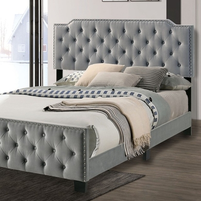 Furniture of America Charlize Contemporary Flannelette Solid with Wood Gray Bed Model CM7414LG-Queen Bed
