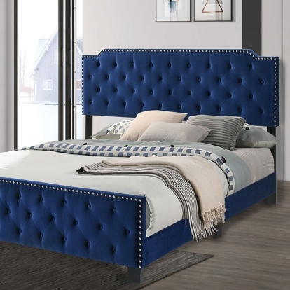 Furniture of America Charlize Contemporary Flannelette Solid with Wood Navy Bed Model CM7414NV-Queen Bed