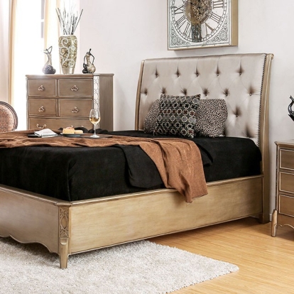 Furniture of America Celine Contemporary Leatherette with Wood Brushed Gold Bed Model CM7432-Queen Bed