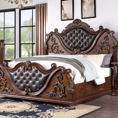 Furniture of America Esparanza Traditional Leatherette Marble Polyresin Solid with Wood Brown Cherry Bed Model CM7478CH