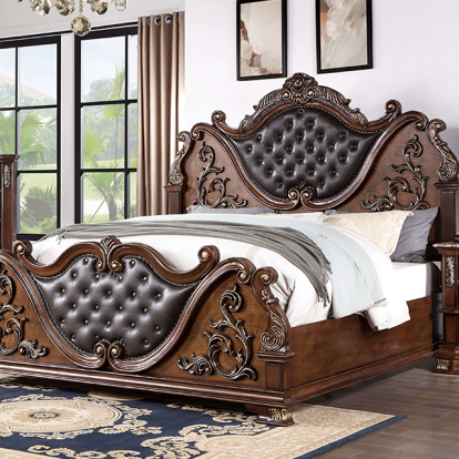 Furniture of America Esparanza Traditional Leatherette Marble Polyresin Solid with Wood Brown Cherry Bed Model CM7478CH-Queen Bed
